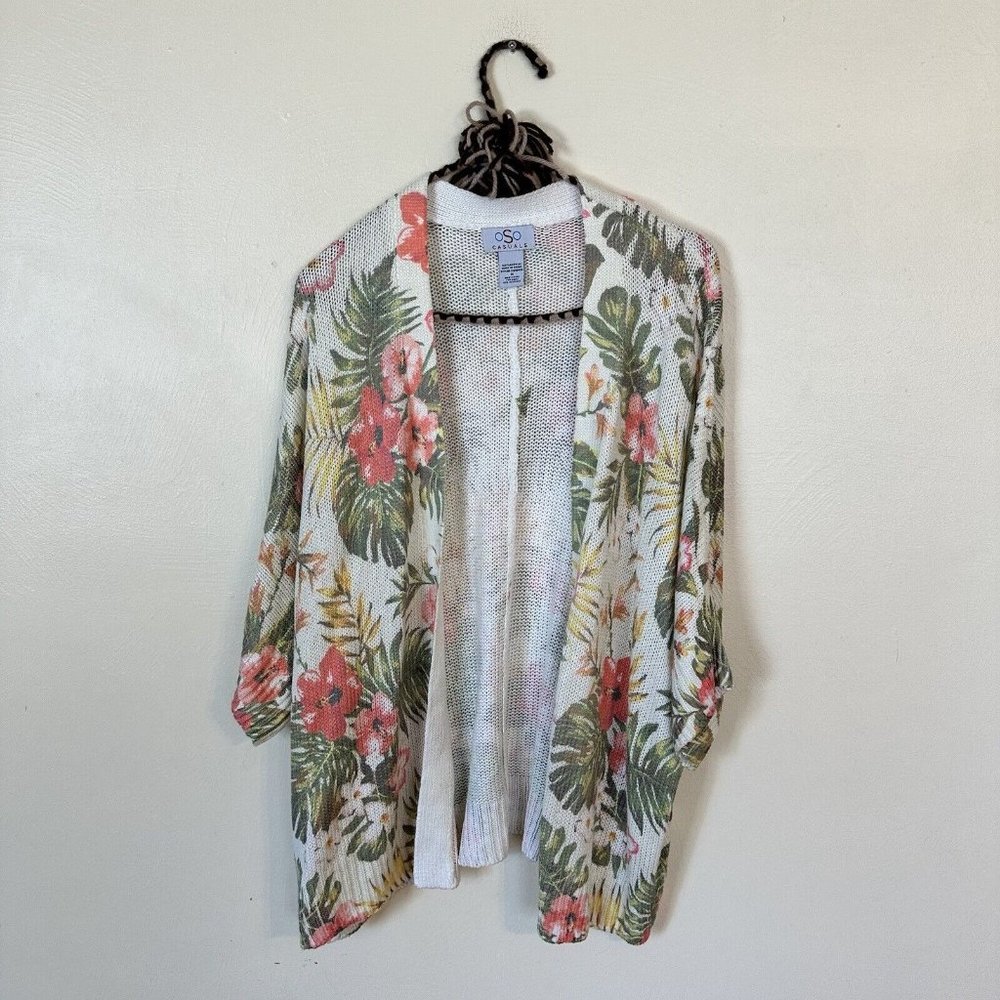 OSO Casuals Sweater Womens 1X Open Front 3/4 Sleeve Floral Multicolor Cardigan